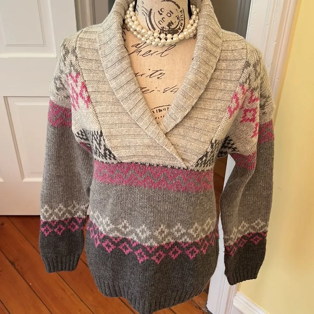 Northcrest Classic *Shawl Collar* Gray & Pink Wool Blend Sweater Sz M EUC